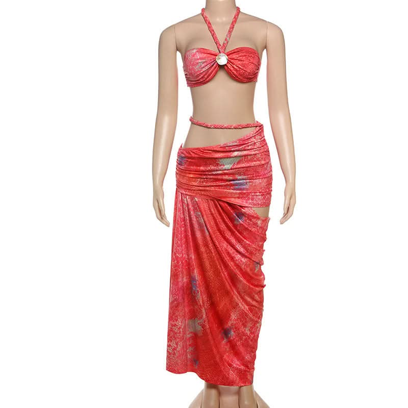 Halter self tie hollow out ruched maxi skirt set  | Festival Outfits Women