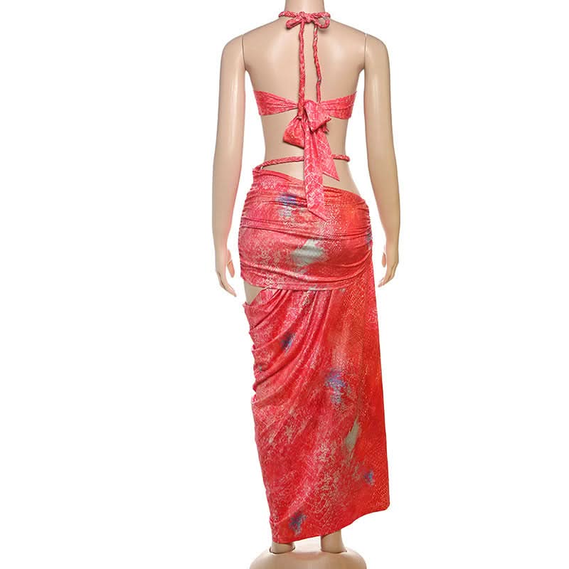 Halter self tie hollow out ruched maxi skirt set  | Festival Outfits Women
