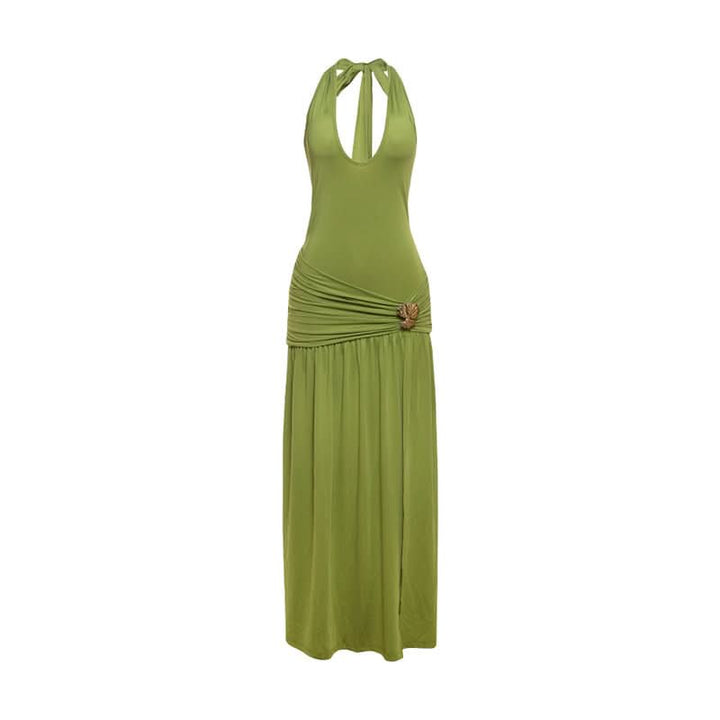 Halter v neck ruched backless slit maxi dress  | Festival Outfits Women