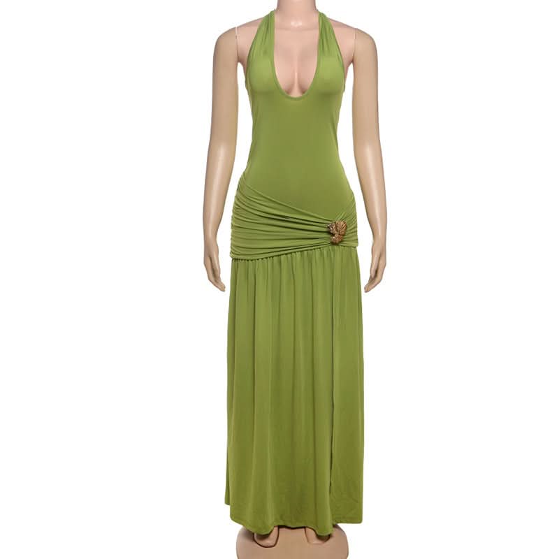 Halter v neck ruched backless slit maxi dress  | Festival Outfits Women