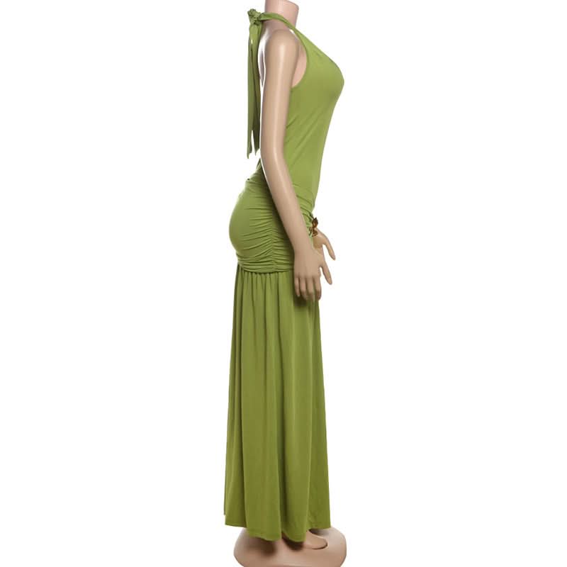 Halter v neck ruched backless slit maxi dress  | Festival Outfits Women