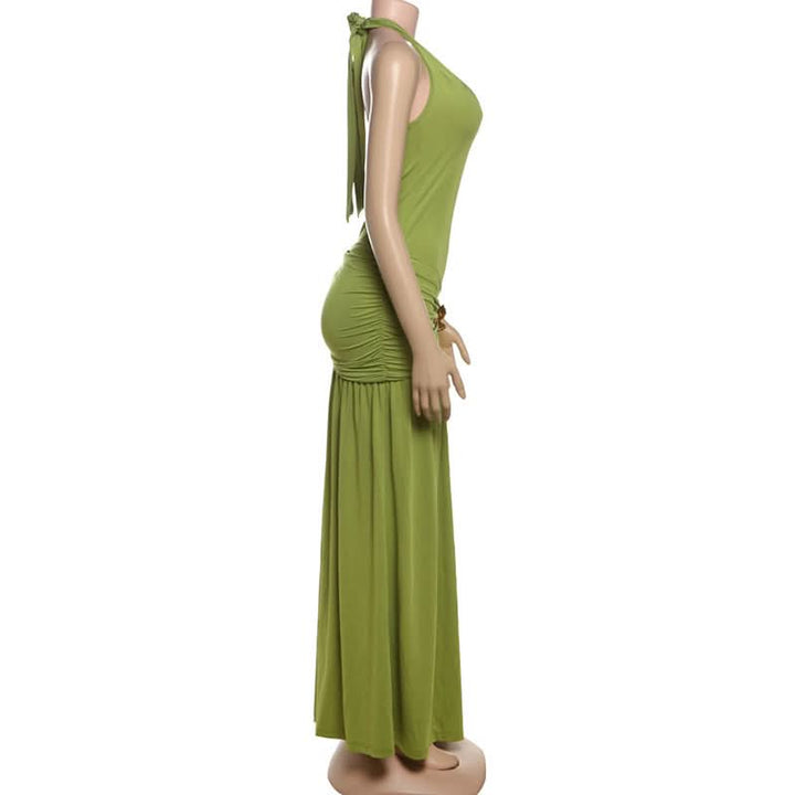 Halter v neck ruched backless slit maxi dress  | Festival Outfits Women