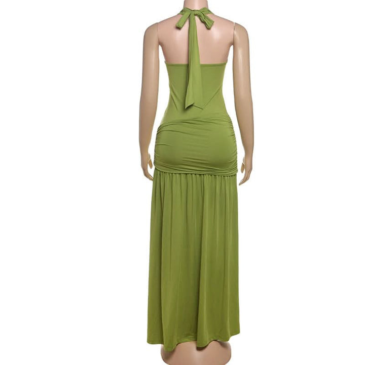 Halter v neck ruched backless slit maxi dress  | Festival Outfits Women