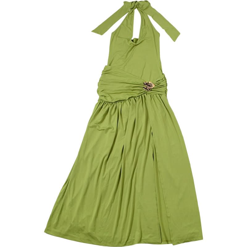 Halter v neck ruched backless slit maxi dress  | Festival Outfits Women