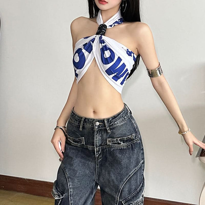 Halter letter print crop top  | Festival Outfits Women-final-sale