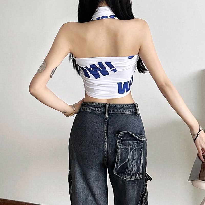 Halter letter print crop top  | Festival Outfits Women-final-sale