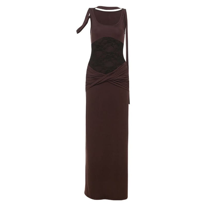 U neck lace patchwork ruched maxi dress  | Festival Outfits Women