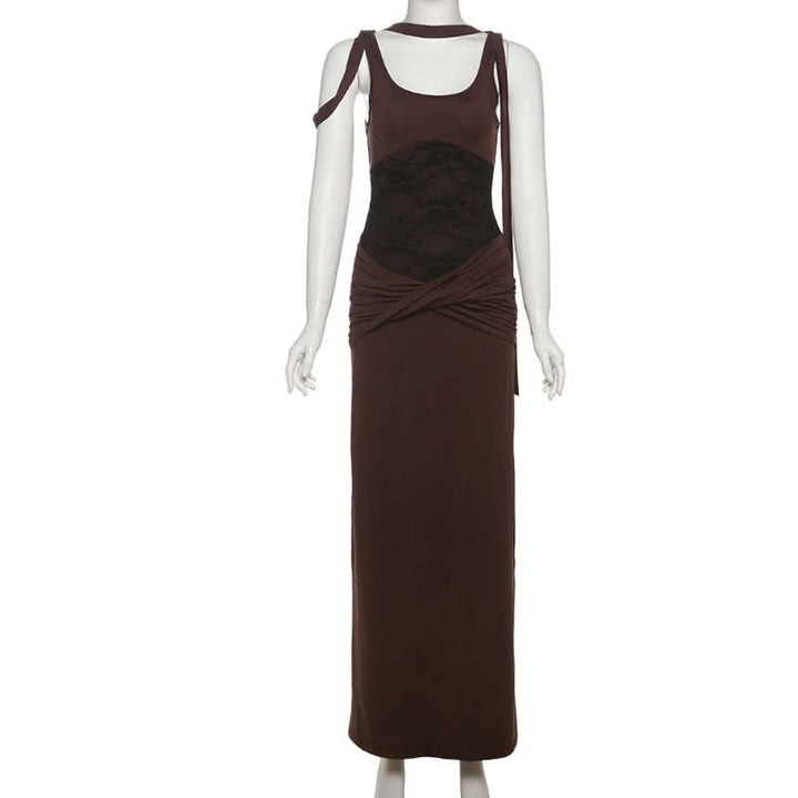 U neck lace patchwork ruched maxi dress  | Festival Outfits Women