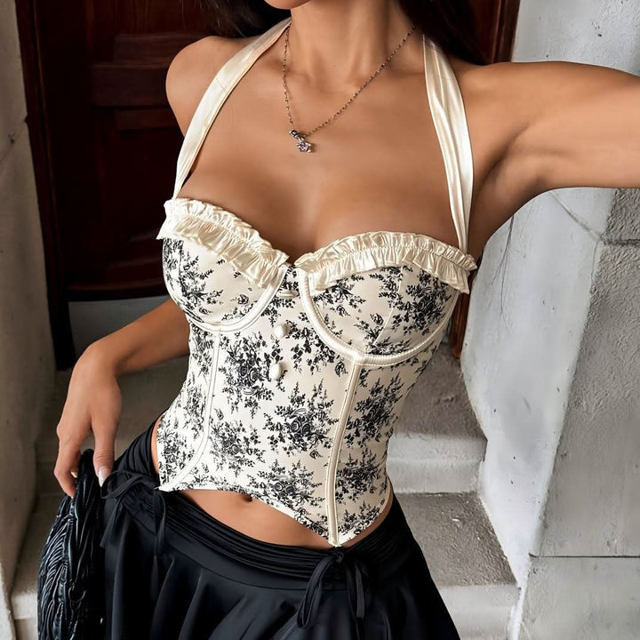 Halter ruffle corset flower print lace up top  | Festival Outfits Women