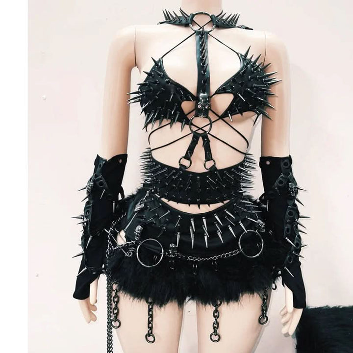 Self tie skull applique rivet hollow out cut out top  | Festival Outfits Women