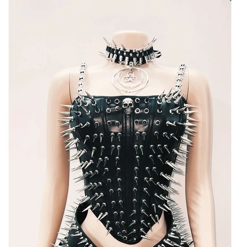 Rivet PU leather skull applique lace up cami top  | Festival Outfits Women