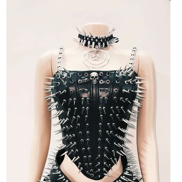 Rivet PU leather skull applique lace up cami top  | Festival Outfits Women