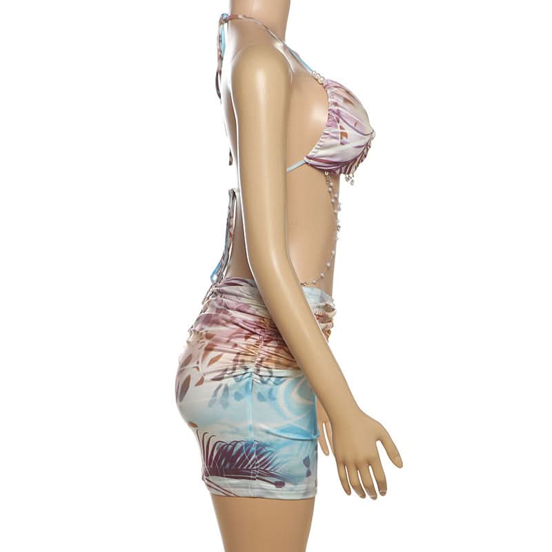 Halter metal chain self tie ruched backless mini dress  | Festival Outfits Women-final-sale