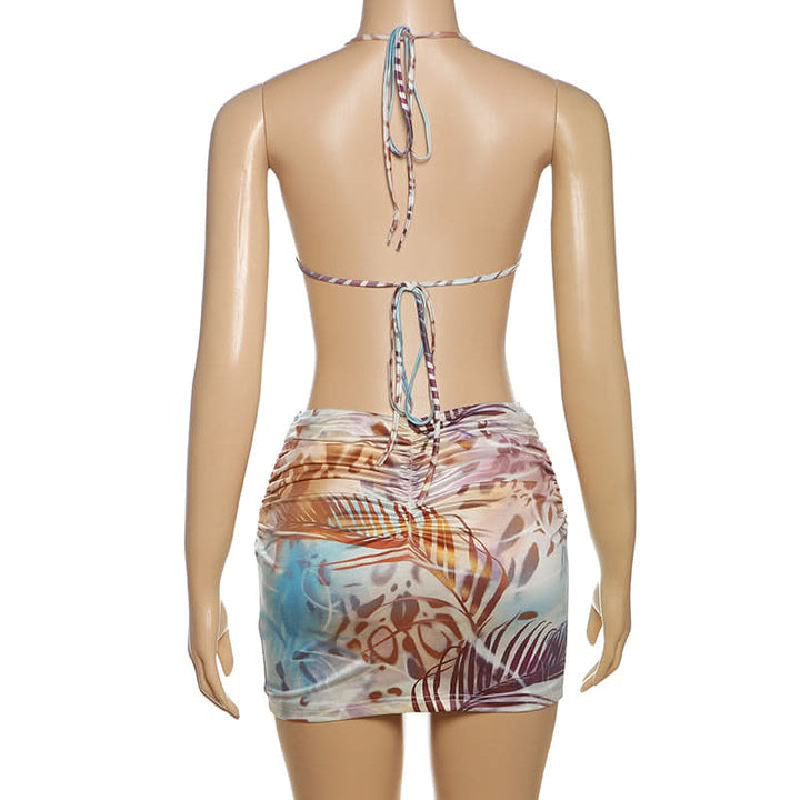 Halter metal chain self tie ruched backless mini dress  | Festival Outfits Women-final-sale