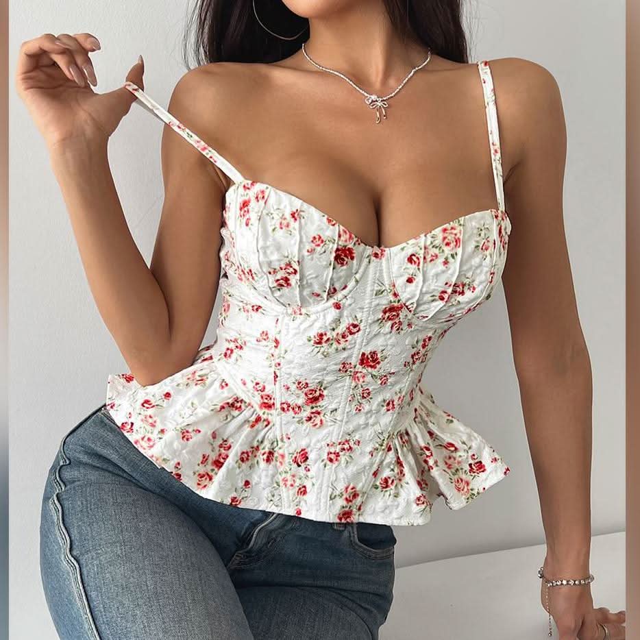 Lace up v neck flower print ruffle cami top  | Festival Outfits Women
