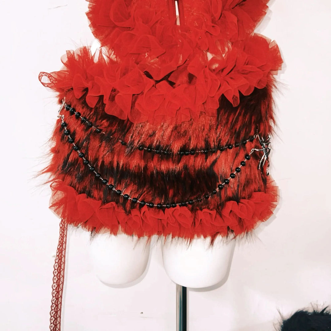 Fluffy ruffle button lace mini skirt set  | Festival Outfits Women