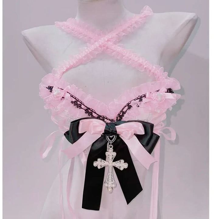 Halter bowknot cross applique ruffle top  | Festival Outfits Women