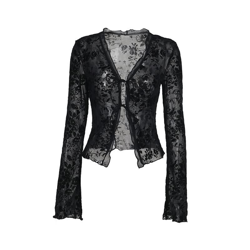 Long sleeve ruffle v neck print self tie top  | Festival Outfits Women