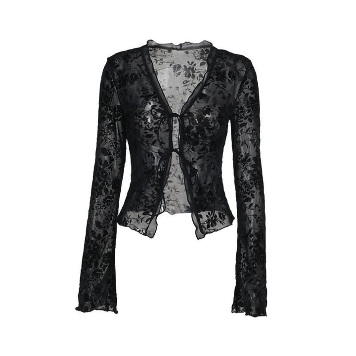 Long sleeve ruffle v neck print self tie top  | Festival Outfits Women