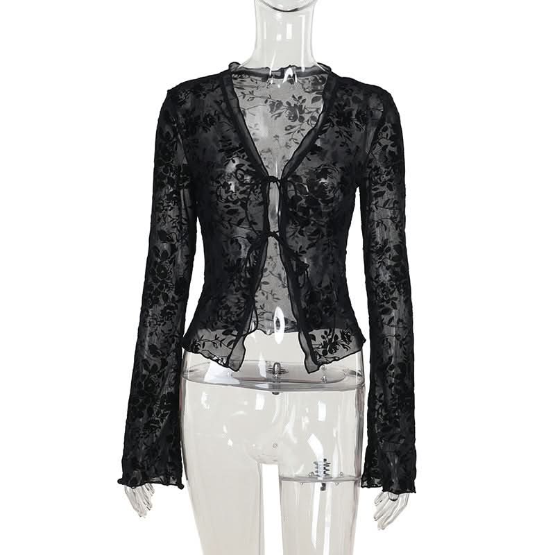 Long sleeve ruffle v neck print self tie top  | Festival Outfits Women