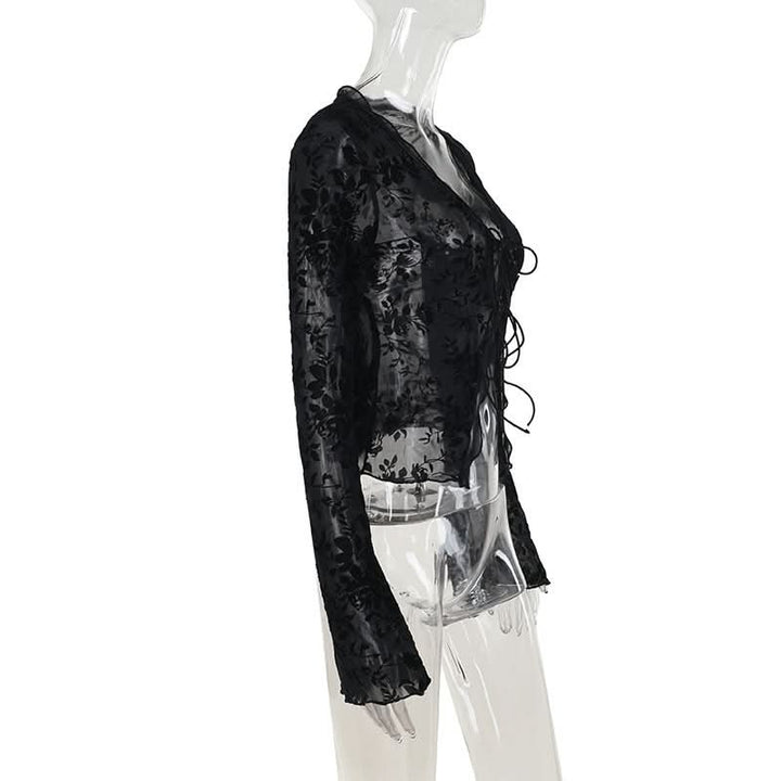 Long sleeve ruffle v neck print self tie top  | Festival Outfits Women