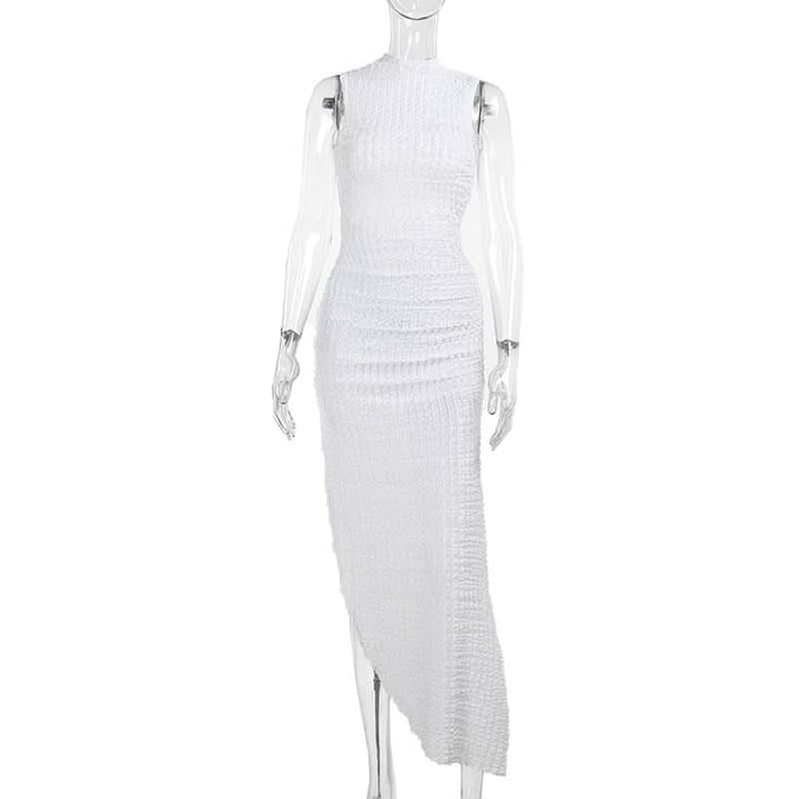 Hoodie Irregular slit crewneck ruched midi dress  | Festival Outfits Women