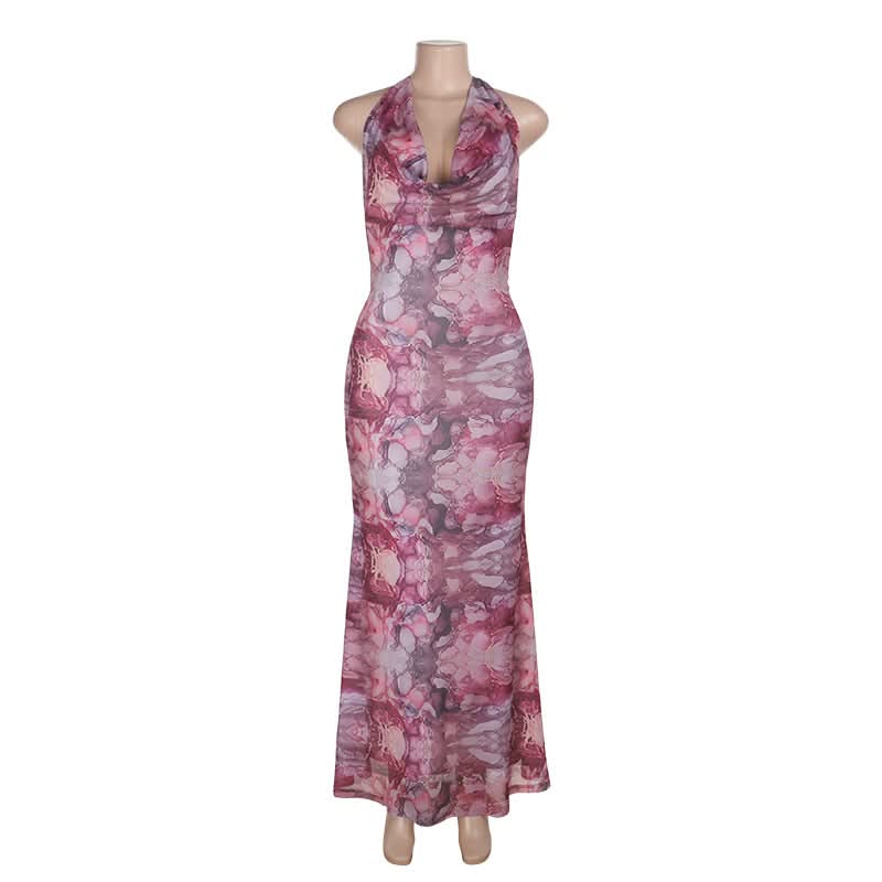 Cowl neck halter self tie print mesh maxi dress  | Festival Outfits Women