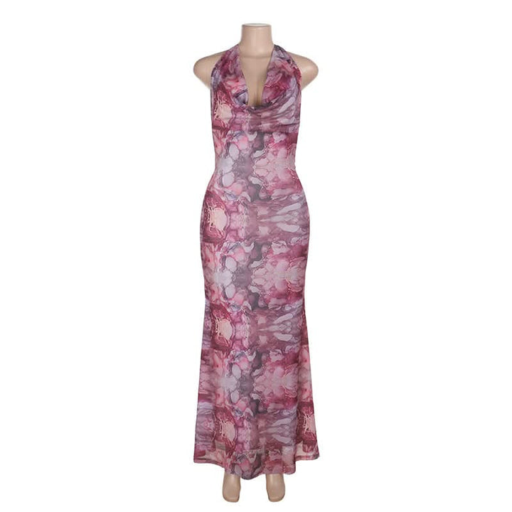 Cowl neck halter self tie print mesh maxi dress  | Festival Outfits Women