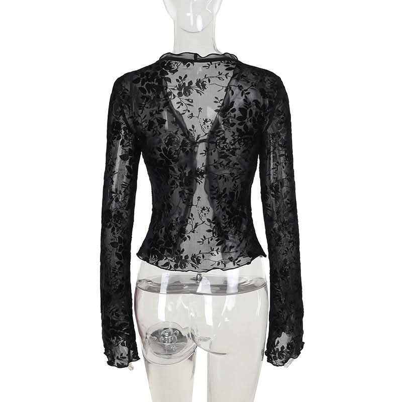Long sleeve ruffle v neck print self tie top  | Festival Outfits Women