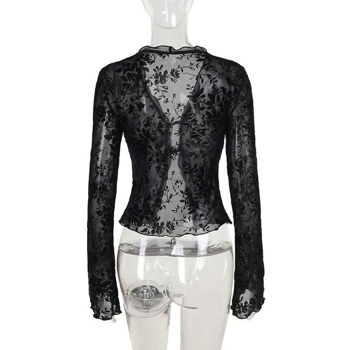 Long sleeve ruffle v neck print self tie top  | Festival Outfits Women