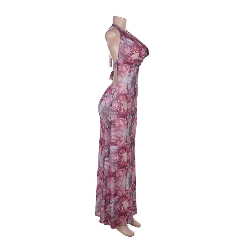 Cowl neck halter self tie print mesh maxi dress  | Festival Outfits Women