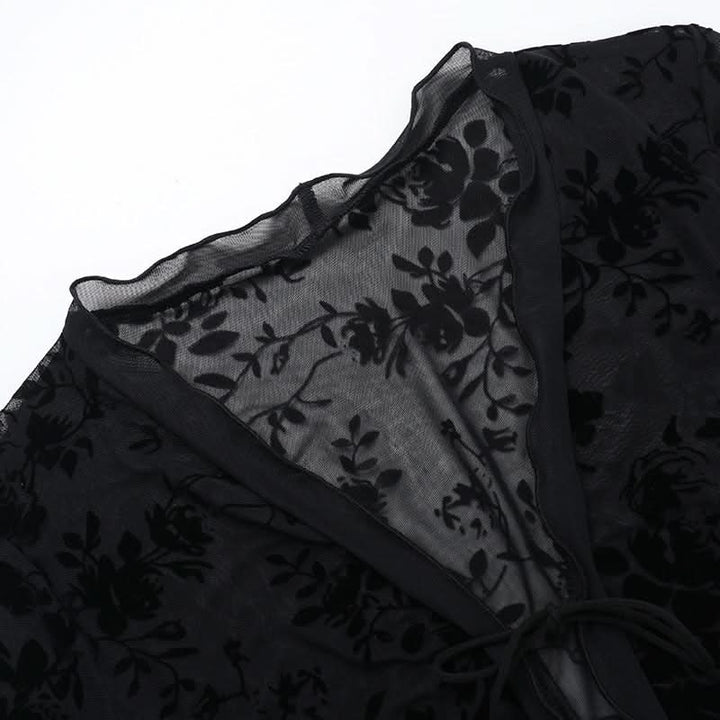 Long sleeve ruffle v neck print self tie top  | Festival Outfits Women