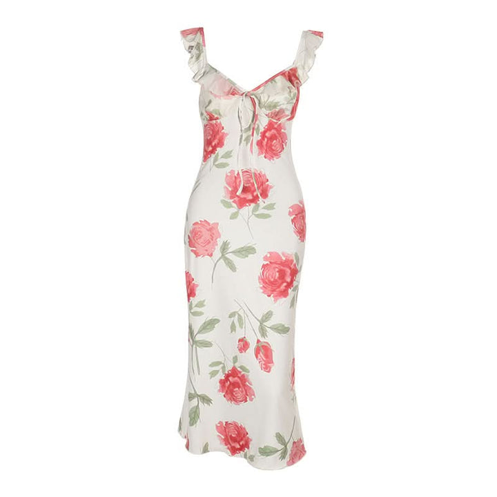 Ruffle self tie v neck flower print cami midi dress  | Festival Outfits Women