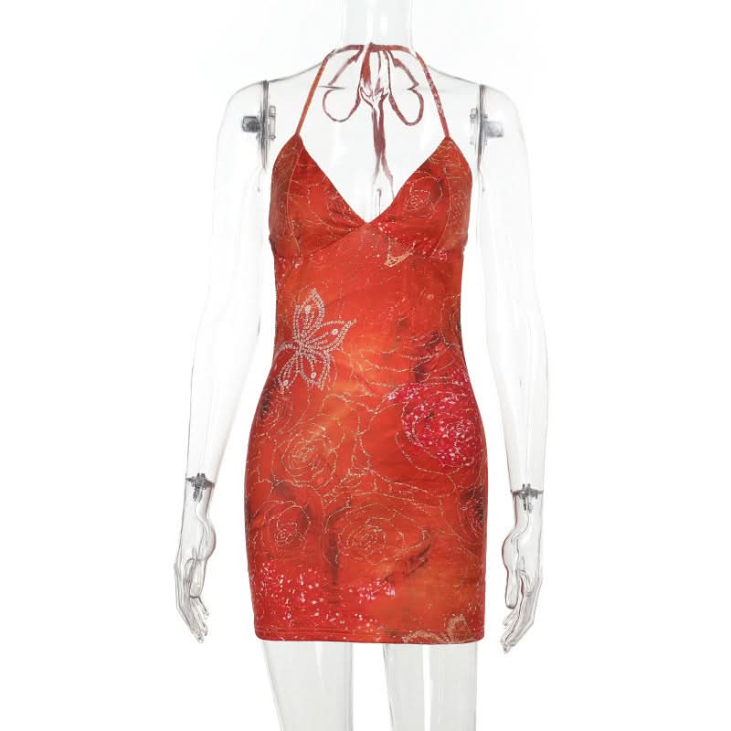 Self tie halter v neck print backless mini dress  | Festival Outfits Women
