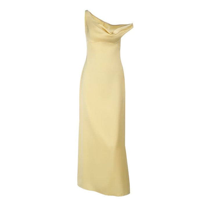 One shoulder irregular satin zip-up maxi dress  | Festival Outfits Women