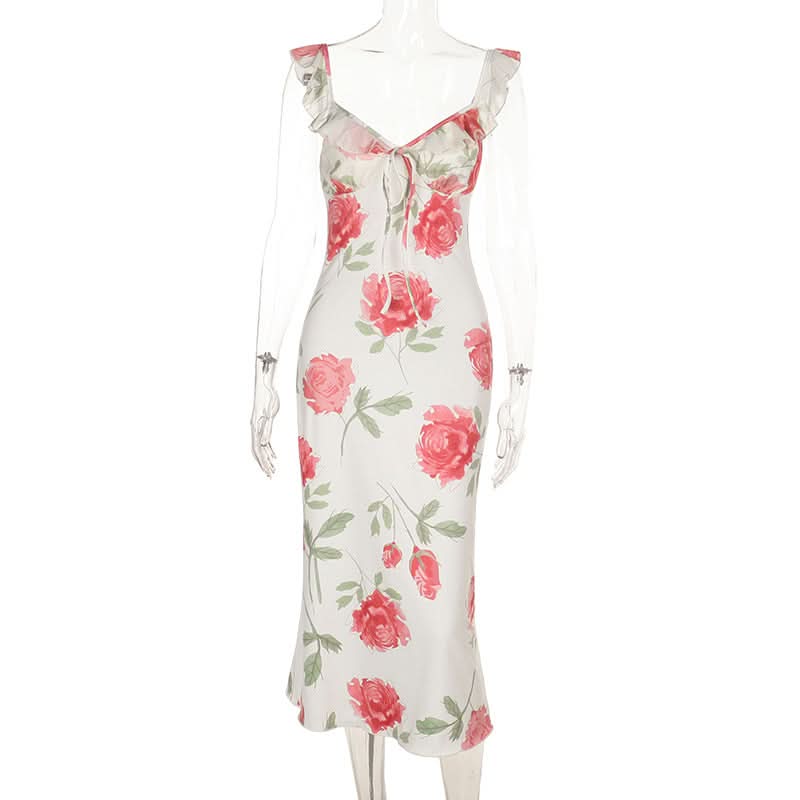 Ruffle self tie v neck flower print cami midi dress  | Festival Outfits Women