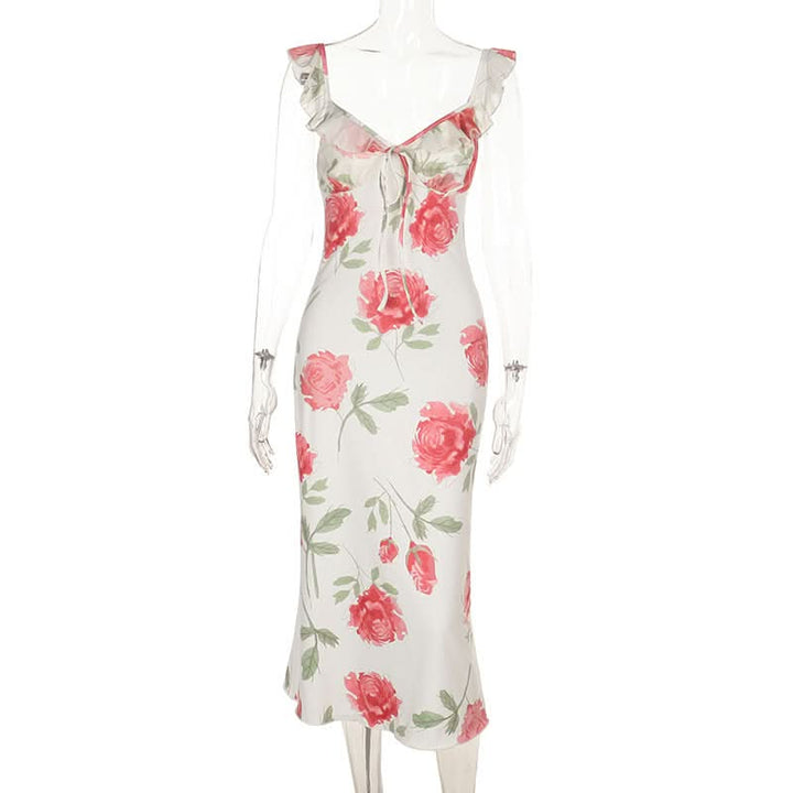 Ruffle self tie v neck flower print cami midi dress  | Festival Outfits Women
