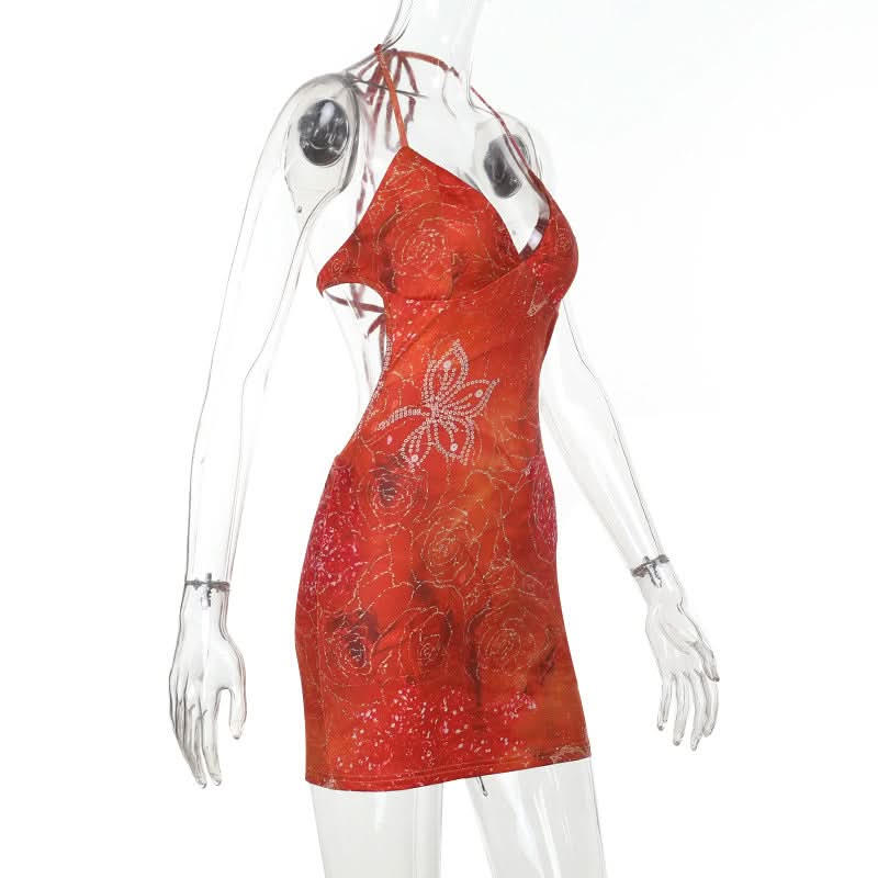 Self tie halter v neck print backless mini dress  | Festival Outfits Women