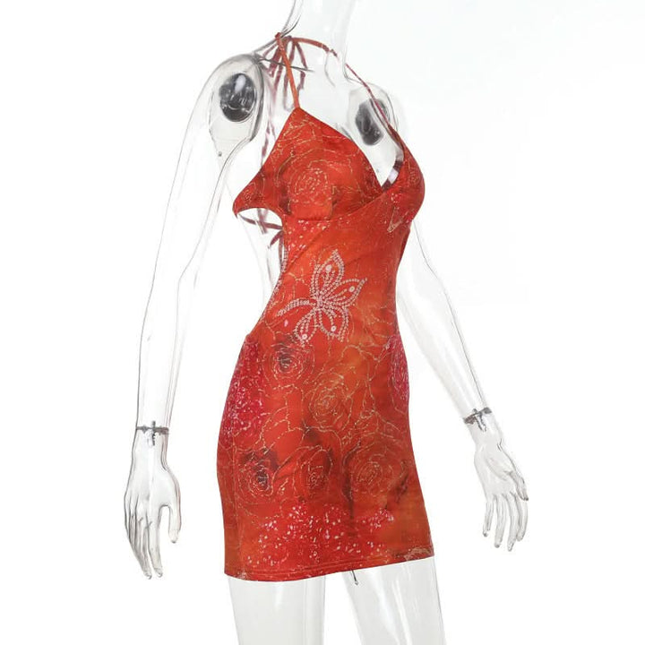 Self tie halter v neck print backless mini dress  | Festival Outfits Women