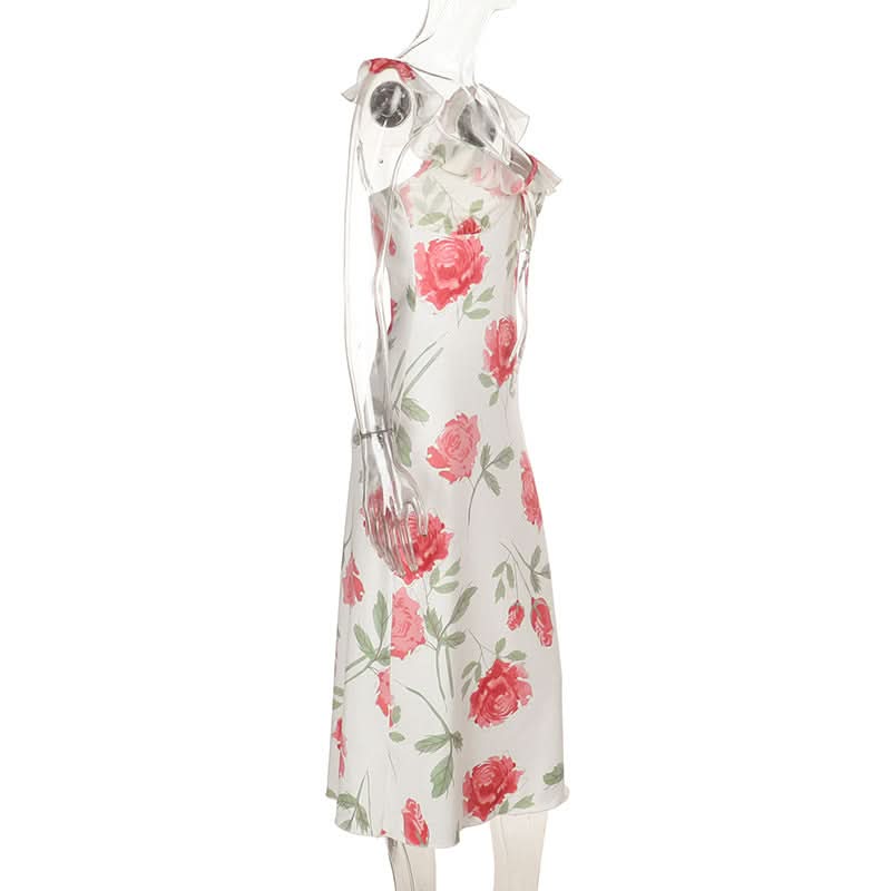 Ruffle self tie v neck flower print cami midi dress  | Festival Outfits Women