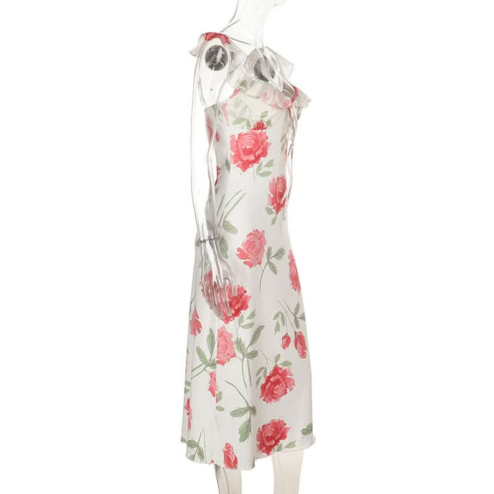 Ruffle self tie v neck flower print cami midi dress  | Festival Outfits Women