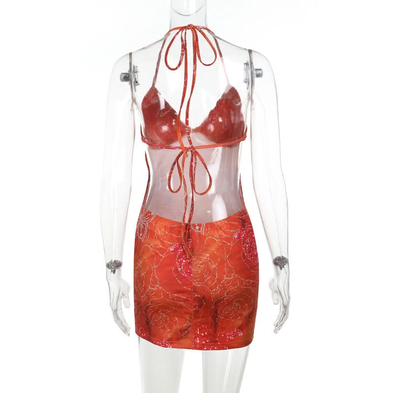 Self tie halter v neck print backless mini dress  | Festival Outfits Women
