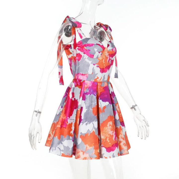 Pleated v neck self tie print cami mini dress  | Festival Outfits Women