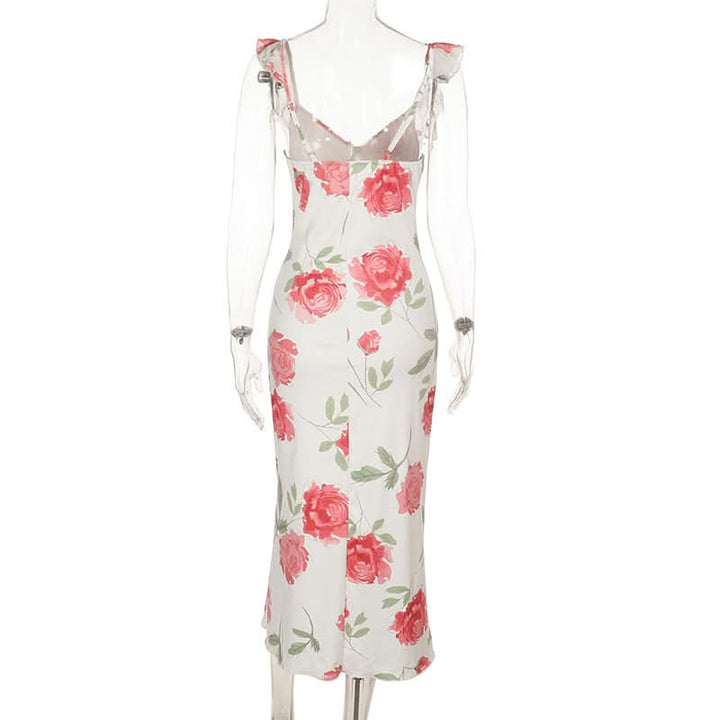 Ruffle self tie v neck flower print cami midi dress  | Festival Outfits Women