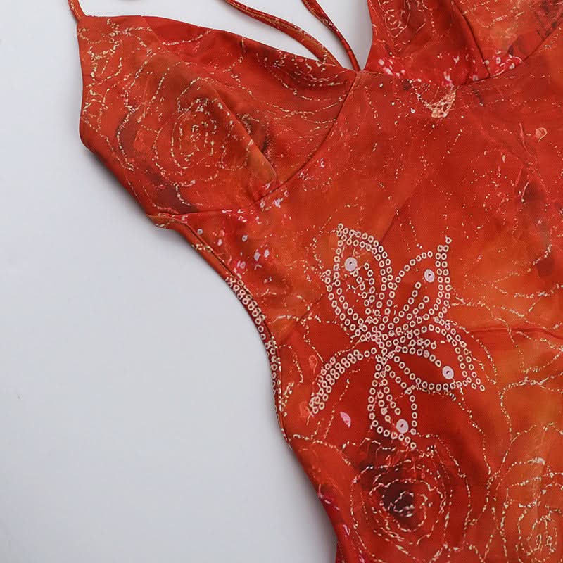 Self tie halter v neck print backless mini dress  | Festival Outfits Women