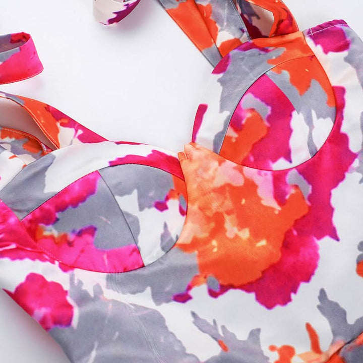 Pleated v neck self tie print cami mini dress  | Festival Outfits Women