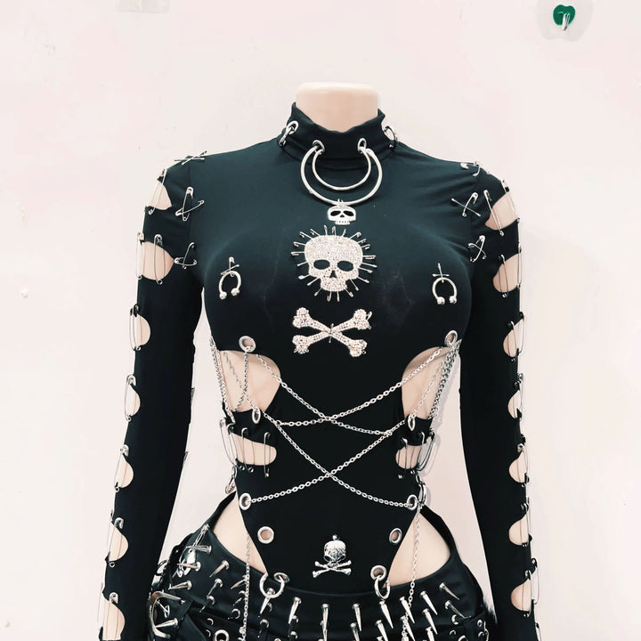 Long sleeve hollow out metal chain skull applique cut out top  | Festival Outfits Women