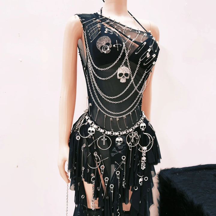 Metal chain ruffle irregular skull applique mini dress  | Festival Outfits Women