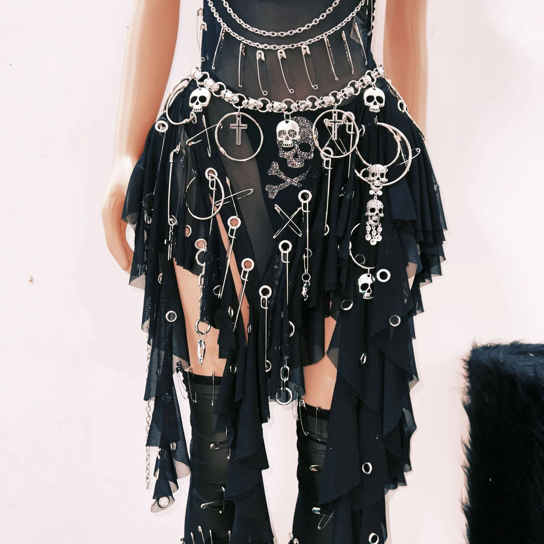 Metal chain ruffle irregular skull applique mini dress  | Festival Outfits Women