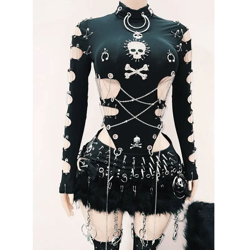 Long sleeve hollow out metal chain skull applique cut out top  | Festival Outfits Women